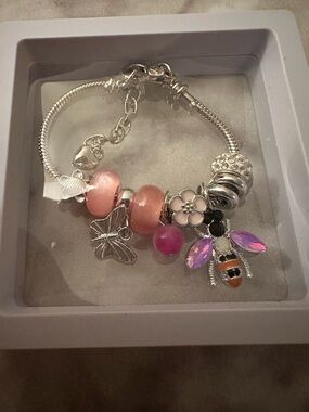 Silver Charm Bracelet with Pink Beads and Butterfly Bee Charms